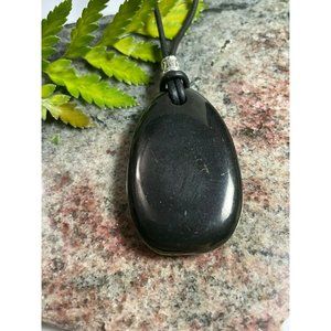 Shungite Unisex Pendant Necklace 45mm Black Leather Cord Reiki Gemstone Jewelry